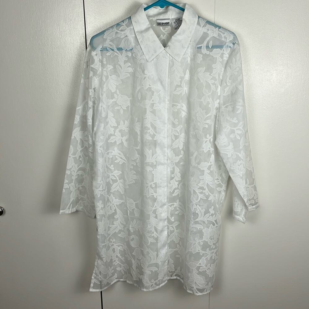Liz Baker White Blouse Shirt Button Up Top Size XL Cover Up 3/4 Sleeve